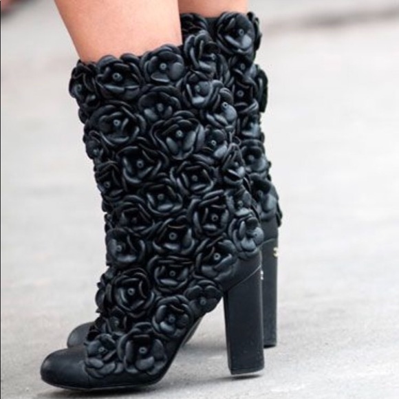 **SOLD**NWT CHANEL Black Lambskin Camellia Boots - Picture 2 of 6